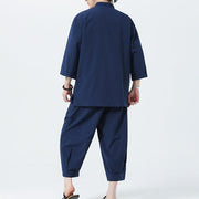 Buddha Stones 2Pcs Solid Frog-Button Three Quarter Sleeve Shirt Pants Men's Set - image 46