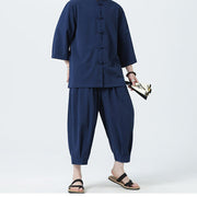 Buddha Stones 2Pcs Solid Frog-Button Three Quarter Sleeve Shirt Pants Men's Set - image 49