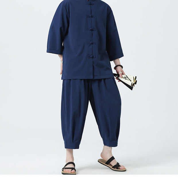 Buddha Stones 2Pcs Solid Frog-Button Three Quarter Sleeve Shirt Pants Men's Set - image 49