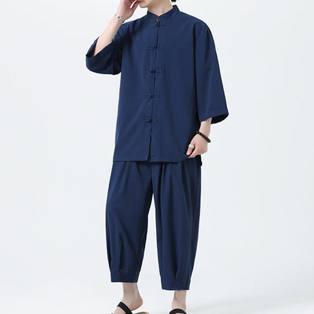 Buddha Stones 2Pcs Solid Frog-Button Three Quarter Sleeve Shirt Pants Men's Set - image 48