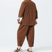 Buddha Stones 2Pcs Solid Frog-Button Three Quarter Sleeve Shirt Pants Men's Set - image 55