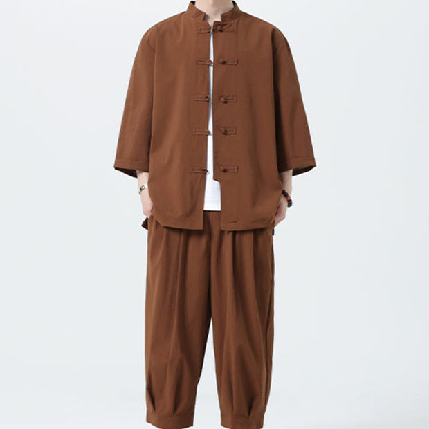 Buddha Stones 2Pcs Solid Frog-Button Three Quarter Sleeve Shirt Pants Men's Set - image 56