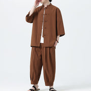 Buddha Stones 2Pcs Solid Frog-Button Three Quarter Sleeve Shirt Pants Men's Set - image 57