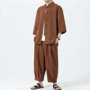Buddha Stones 2Pcs Solid Frog-Button Three Quarter Sleeve Shirt Pants Men's Set - image 58