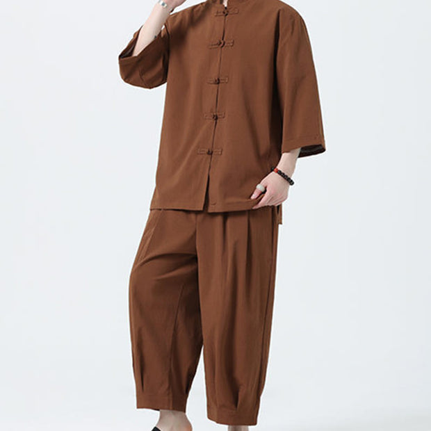 Buddha Stones 2Pcs Solid Frog-Button Three Quarter Sleeve Shirt Pants Men's Set - image 61