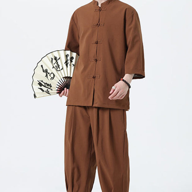 Buddha Stones 2Pcs Solid Frog-Button Three Quarter Sleeve Shirt Pants Men's Set - image 59