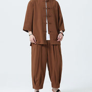 Buddha Stones 2Pcs Solid Frog-Button Three Quarter Sleeve Shirt Pants Men's Set - image 62
