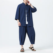 Buddha Stones 2Pcs Solid Frog-Button Three Quarter Sleeve Shirt Pants Men's Set - image 52