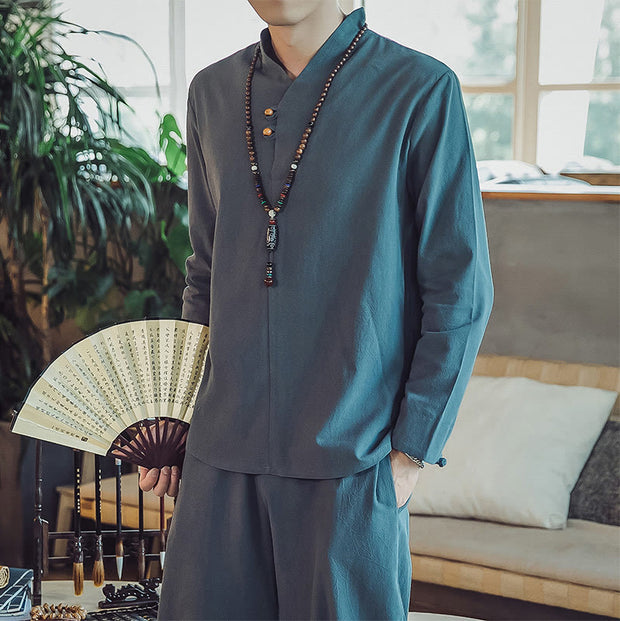 Buddha Stones 2Pcs Cotton Shirt Ankle-Length Pants With Pockets Men's Meditation Cloth Set - image 25