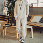 Buddha Stones 2Pcs Cotton Shirt Ankle-Length Pants With Pockets Men's Meditation Cloth Set - Beige - US/UK/AU46，EU56 (5XL) - image 1