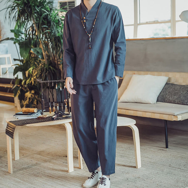 Buddha Stones 2Pcs Cotton Shirt Ankle-Length Pants With Pockets Men's Meditation Cloth Set - SteelBlue - US/UK/AU46，EU56 (5XL) - image 35