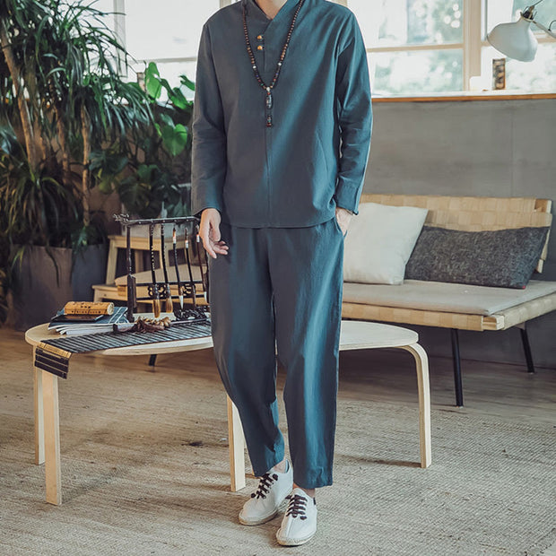 Buddha Stones 2Pcs Cotton Shirt Ankle-Length Pants With Pockets Men's Meditation Cloth Set - Teal - US/UK/AU46，EU56 (5XL) - image 19