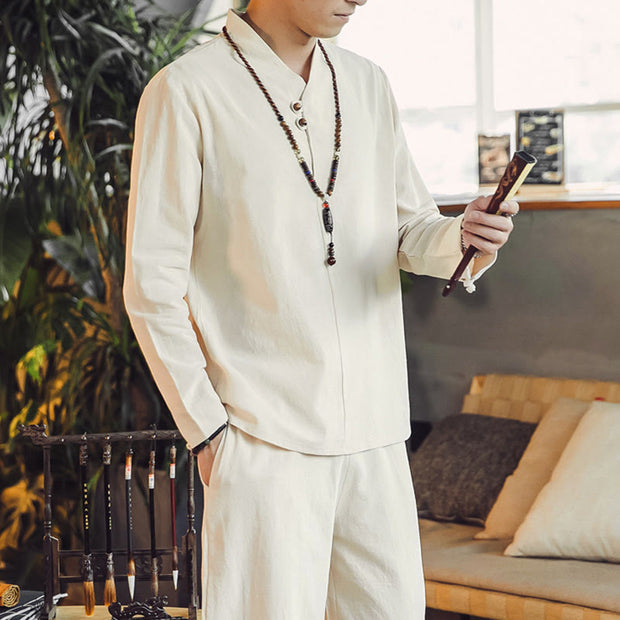 Buddha Stones 2Pcs Cotton Shirt Ankle-Length Pants With Pockets Men's Meditation Cloth Set - image 5