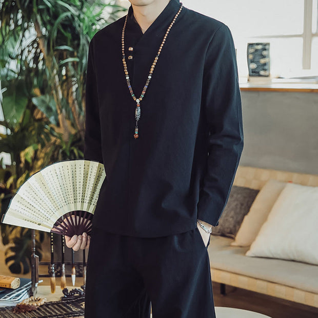 Buddha Stones 2Pcs Cotton Shirt Ankle-Length Pants With Pockets Men's Meditation Cloth Set - image 16