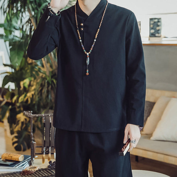 Buddha Stones 2Pcs Cotton Shirt Ankle-Length Pants With Pockets Men's Meditation Cloth Set - image 18