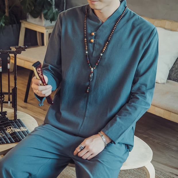 Buddha Stones 2Pcs Cotton Shirt Ankle-Length Pants With Pockets Men's Meditation Cloth Set - image 26