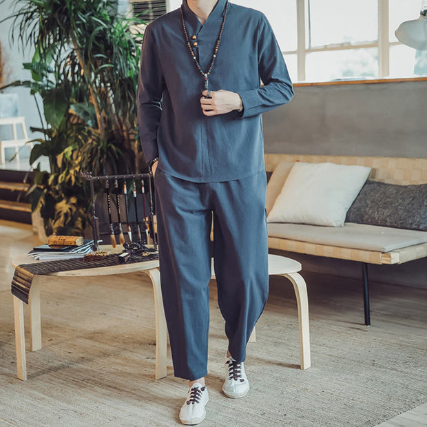 Buddha Stones 2Pcs Cotton Shirt Ankle-Length Pants With Pockets Men's Meditation Cloth Set - image 36