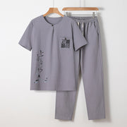 Buddha Stones 2Pcs Chinese Characters Crane Cotton Shirt Pants With Pockets Men's Meditation Cloth Set - LightGrey - US/UK/AU46，EU56 (5XL) - image 1