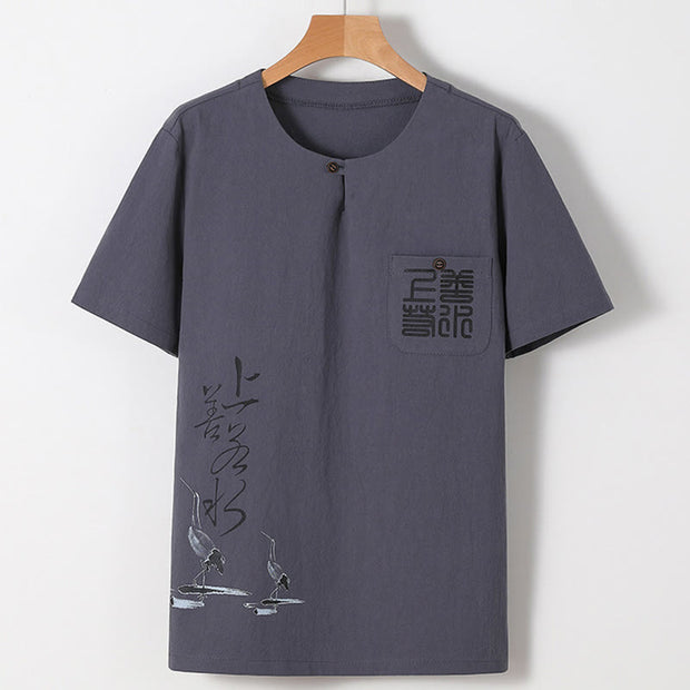 Buddha Stones 2Pcs Chinese Characters Crane Cotton Shirt Pants With Pockets Men's Meditation Cloth Set - image 20
