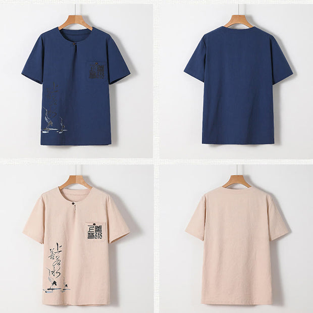 Buddha Stones 2Pcs Chinese Characters Crane Cotton Shirt Pants With Pockets Men's Meditation Cloth Set - image 4