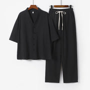 Buddha Stones 2Pcs Summer V-Neck Cotton Shirt Pants With Pockets Men's Meditation Cloth Set - Black - US/UK/AU56，EU66(9XL) - image 12