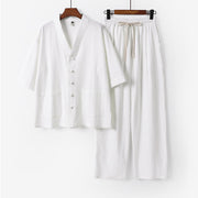Buddha Stones 2Pcs Summer V-Neck Cotton Shirt Pants With Pockets Men's Meditation Cloth Set - White - US/UK/AU56，EU66(9XL) - image 3