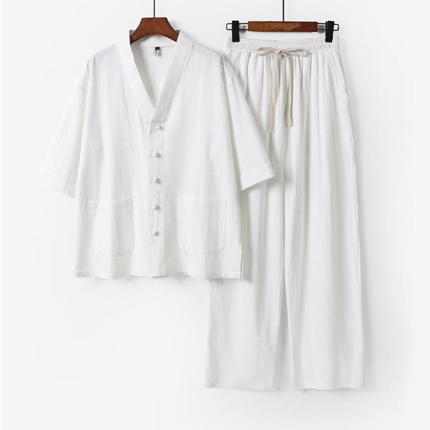 Buddha Stones 2Pcs Summer V-Neck Cotton Shirt Pants With Pockets Men's Meditation Cloth Set - White - US/UK/AU56，EU66(9XL) - image 3