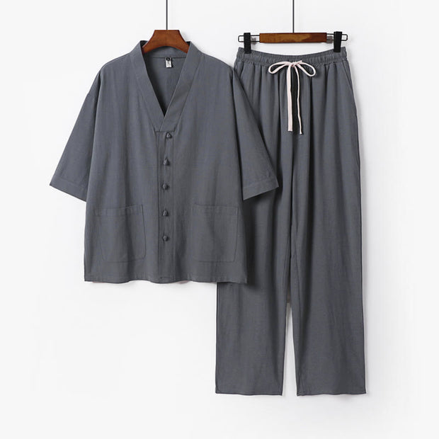 Buddha Stones 2Pcs Summer V-Neck Cotton Shirt Pants With Pockets Men's Meditation Cloth Set - LightGrey - US/UK/AU56，EU66(9XL) - image 1