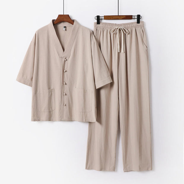 Buddha Stones 2Pcs Summer V-Neck Cotton Shirt Pants With Pockets Men's Meditation Cloth Set - Wheat - US/UK/AU56，EU66(9XL) - image 15