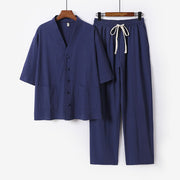 Buddha Stones 2Pcs Summer V-Neck Cotton Shirt Pants With Pockets Men's Meditation Cloth Set - SteelBlue - US/UK/AU56，EU66(9XL) - image 18