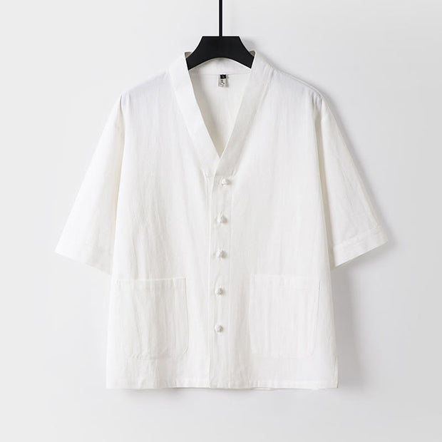 Buddha Stones 2Pcs Summer V-Neck Cotton Shirt Pants With Pockets Men's Meditation Cloth Set - image 5