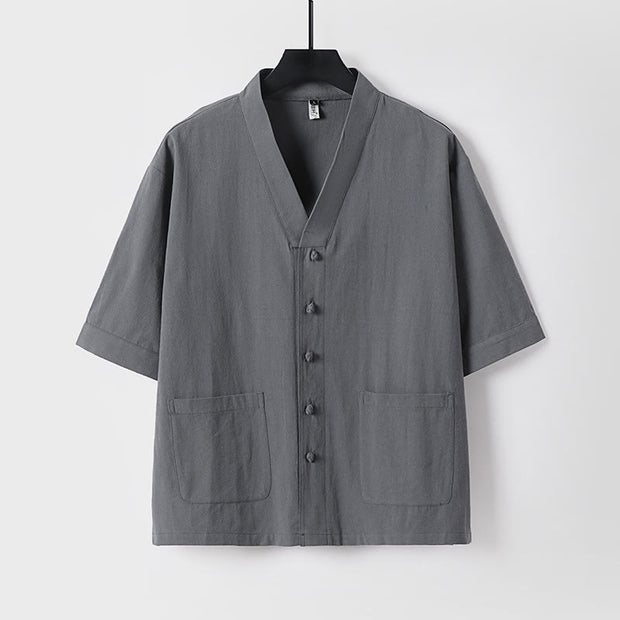 Buddha Stones 2Pcs Summer V-Neck Cotton Shirt Pants With Pockets Men's Meditation Cloth Set - image 2