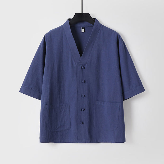 Buddha Stones 2Pcs Summer V-Neck Cotton Shirt Pants With Pockets Men's Meditation Cloth Set - image 19