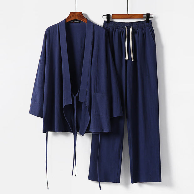 Buddha Stones 2Pcs Lace-up Cotton Kimono Pants With Pockets Men's Meditation Cloth Set - SteelBlue - US/UK/AU54，EU64 (9XL) - image 12