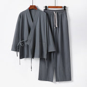 Buddha Stones 2Pcs Lace-up Cotton Kimono Pants With Pockets Men's Meditation Cloth Set - Gray - US/UK/AU54，EU64 (9XL) - image 1