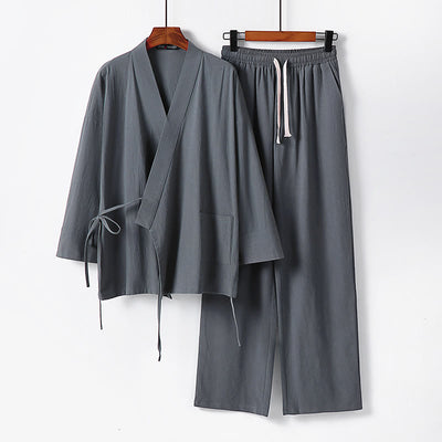 Buddha Stones 2Pcs Lace-up Cotton Kimono Pants With Pockets Men's Meditation Cloth Set - Gray - US/UK/AU54，EU64 (9XL) - image 1