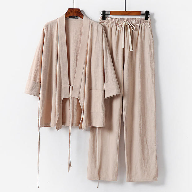 Buddha Stones 2Pcs Lace-up Cotton Kimono Pants With Pockets Men's Meditation Cloth Set - Wheat - US/UK/AU54，EU64 (9XL) - image 10