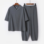 Buddha Stones 2Pcs V-Neck Cotton Half Sleeve Shirt Pants With Pockets Men's Meditation Cloth Set - Gray - US/UK/AU56，EU66(9XL) - image 8