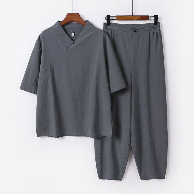 Buddha Stones 2Pcs V-Neck Cotton Half Sleeve Shirt Pants With Pockets Men's Meditation Cloth Set - Gray - US/UK/AU56，EU66(9XL) - image 8