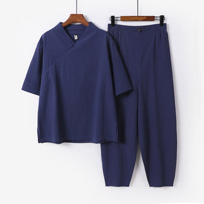 Buddha Stones 2Pcs V-Neck Cotton Half Sleeve Shirt Pants With Pockets Men's Meditation Cloth Set - SteelBlue - US/UK/AU56，EU66(9XL) - image 1