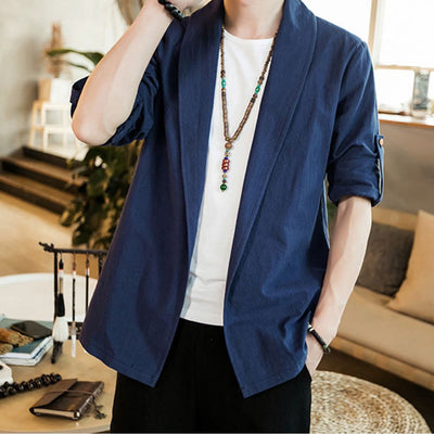 Buddha Stones Vintage Plain Lapel Open Front Jacket Cotton Men's Kimono - SteelBlue - US/UK/AU46，EU56 (5XL) - image 1