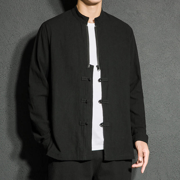 Buddha Stones Plain Zipper Chinese Frog-Button Cotton Long Sleeve Men's Shirt - image 1