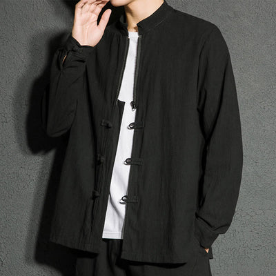 Buddha Stones Plain Zipper Chinese Frog-Button Cotton Long Sleeve Men's Shirt - Black - US/UK/AU46，EU56 (5XL) - image 1