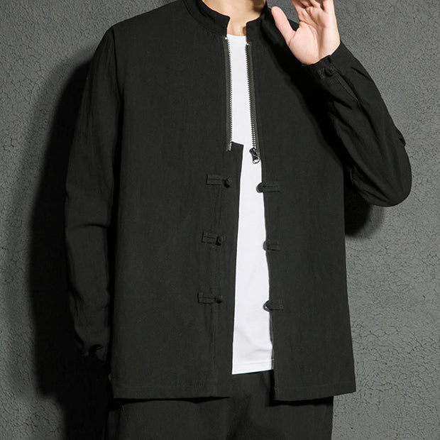 Buddha Stones Plain Zipper Chinese Frog-Button Cotton Long Sleeve Men's Shirt - image 6