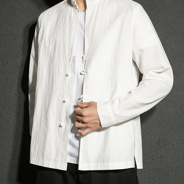 Buddha Stones Plain Zipper Chinese Frog-Button Cotton Long Sleeve Men's Shirt - image 14