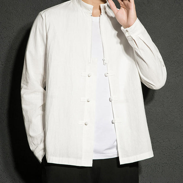 Buddha Stones Plain Zipper Chinese Frog-Button Cotton Long Sleeve Men's Shirt - image 12