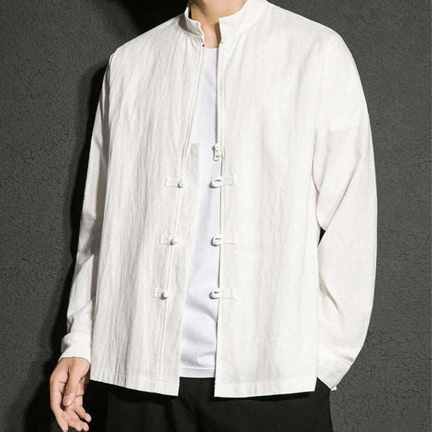 Buddha Stones Plain Zipper Chinese Frog-Button Cotton Long Sleeve Men's Shirt - image 15