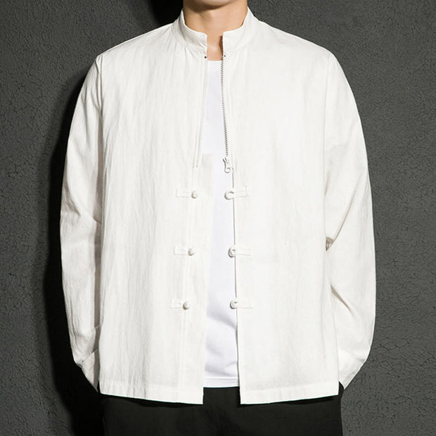 Buddha Stones Plain Zipper Chinese Frog-Button Cotton Long Sleeve Men's Shirt - image 13