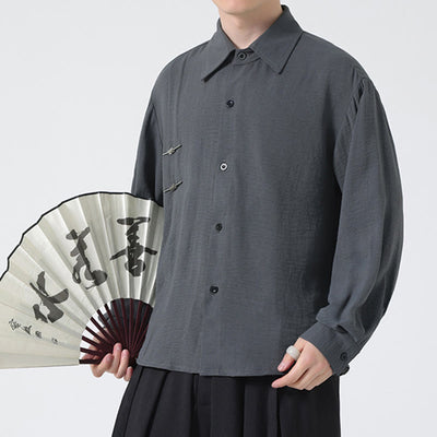 Buddha Stones Plain Buttons Stand Collar Long Sleeve Men's Cotton Shirt - Gray - US/UK/AU46，EU56 (5XL) - image 1