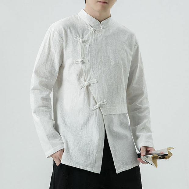 Buddha Stones Vintage Chinese Frog-Button Cotton Long Sleeve Men's Shirt - White - US/UK/AU46，EU56 (5XL) - image 1